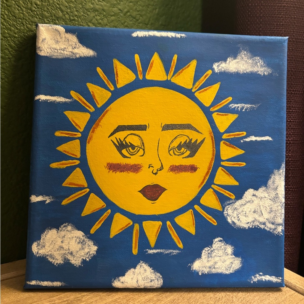 Hand-Painted Sun&Cloud Canvas|Boho Celestial Wall Art| 8x8 Original Painting